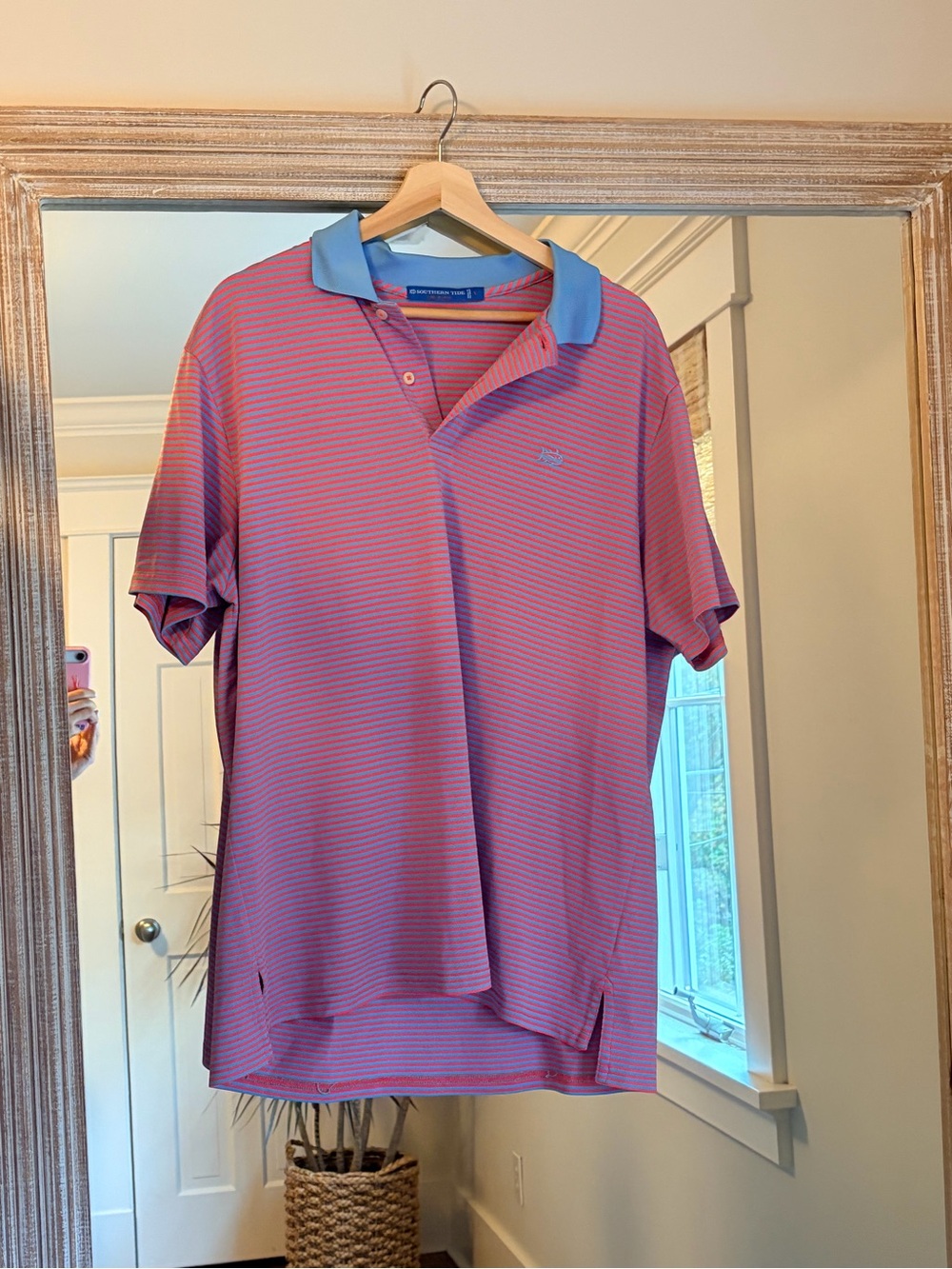 Southern Tide - Tide to Trail Striped Performance Polo, Blue & Coral Men’s Large